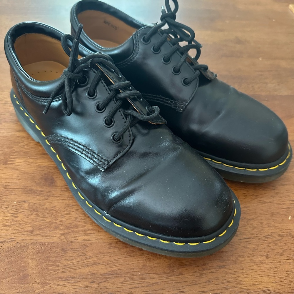 Dr. Martens Black Leather Oxfords with Yellow Stitching